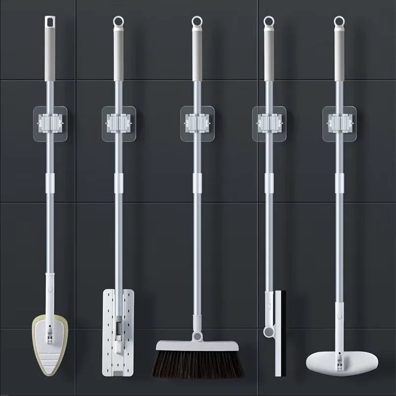 organisateur balai mural adhésif gris clair moderne rangement outils mops salle bains cuisine