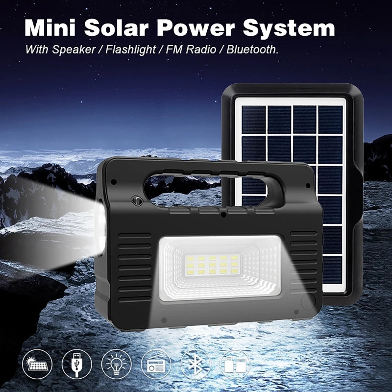 lampe poche portable système solaire rechargeable panneau solaire haut parleur radio fm bluetooth usb
