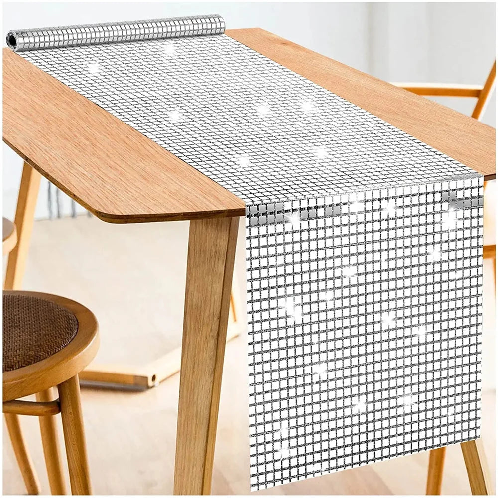 nappe deco festive paillette metallique transparente 120x33cm argentees motifs carres