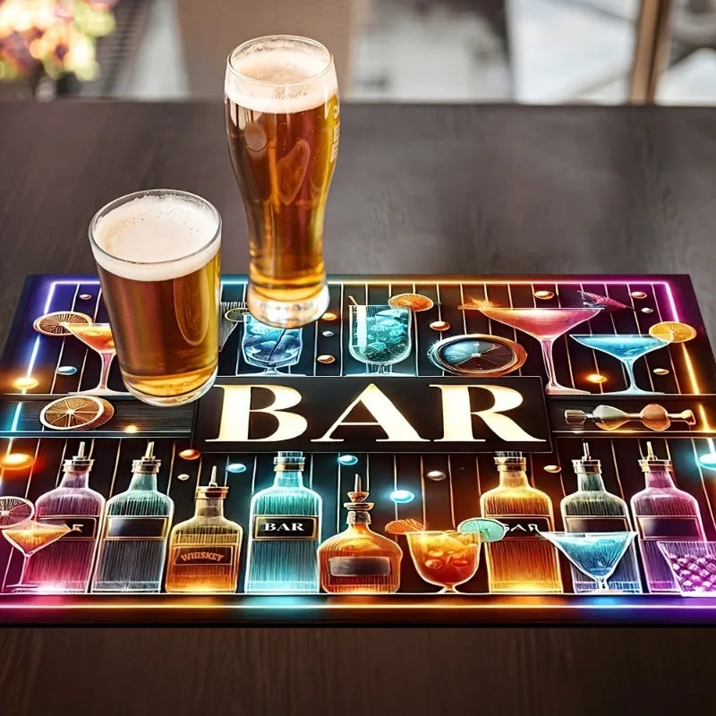 tapis bar moderne multicolore motif bouteilles cocktails fruits adhésif rapide absorbant respectueux environnement