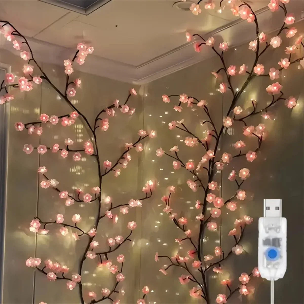 guirlande lumineuse fleurs roses branches noires moderne décoration intérieure usb led modes adaptable chambre