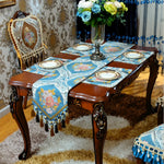 chemin table brodé floral bleu doré classique maison polyester coton jacquard tassel decoratif