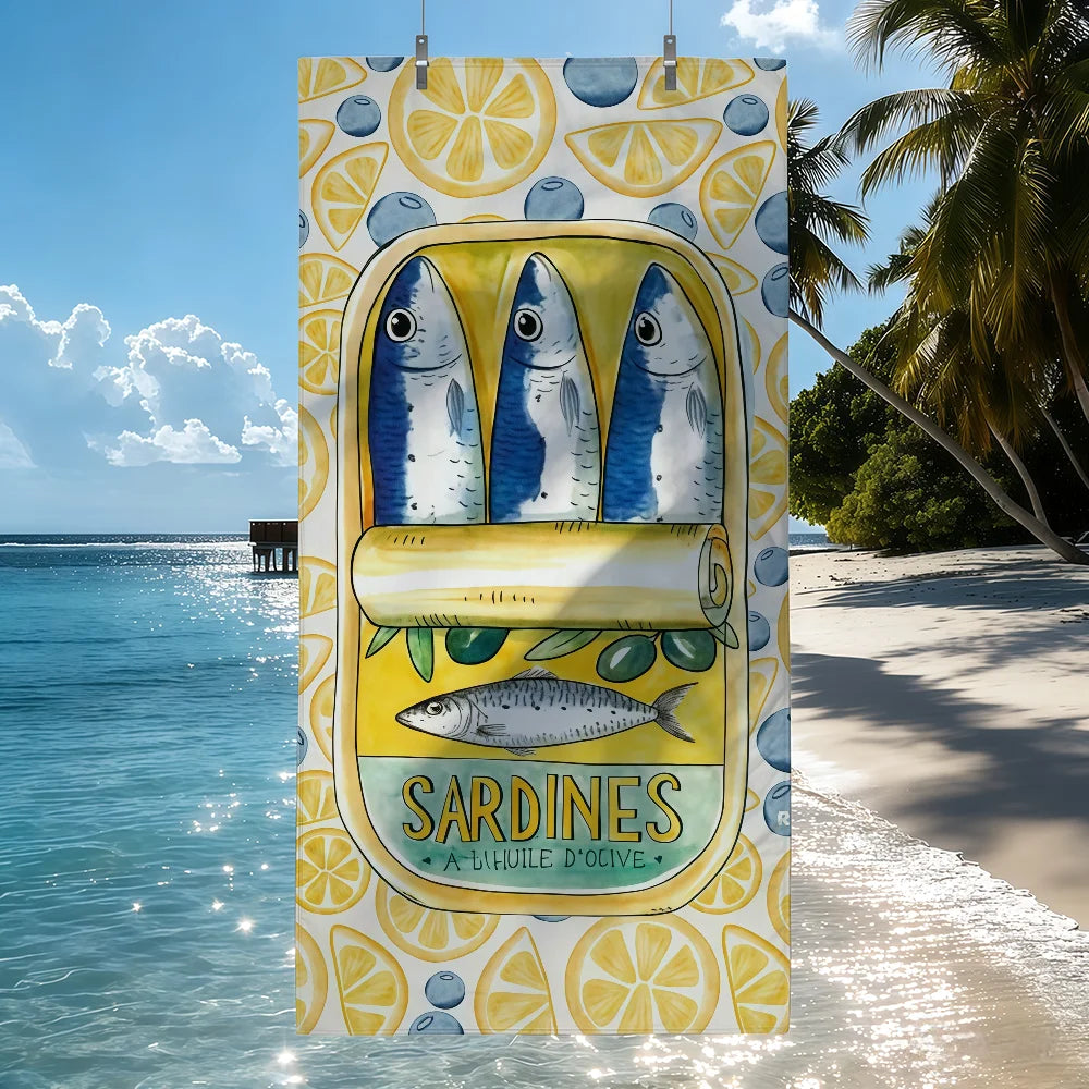 serviette plage vintage motif sardines microfibre rapide séchage rose blanche bleue verte