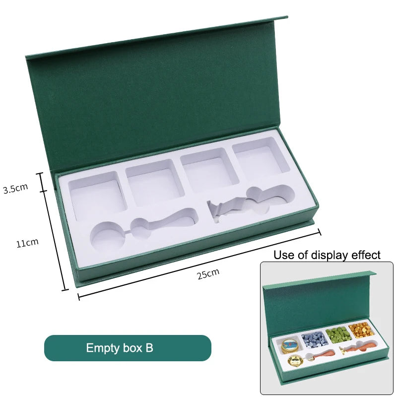 boîtes cadeaux cachets cire bleu vert marron classiques fermoirs magnétiques doublure mousse noire