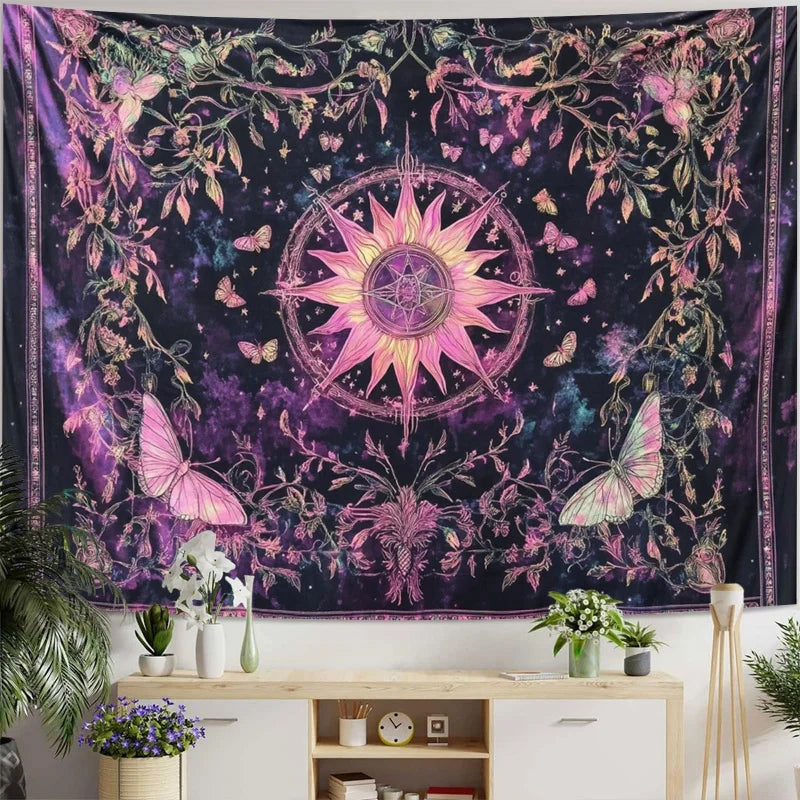 tapisserie boho floral papillons pentagramme galaxie violet noir rose blanc salon chambre