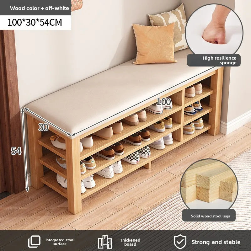 tabouret rangement chaussures bois naturel moderne minimaliste coussin rembourré étagère entrée multifonction adultes seniors