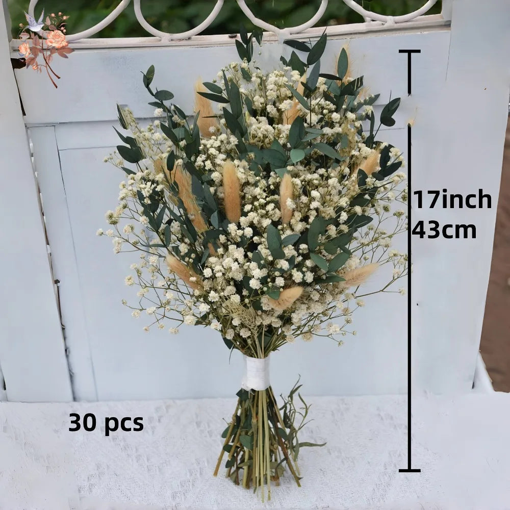 décoration maison bouquet fleurs séchées naturel 30 pièces blanc vert anniversaire baby shower