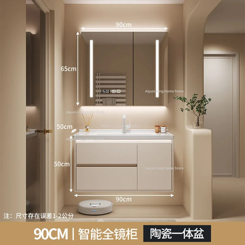 meuble salle bain moderne évier tiroirs beige clair miroir lumineux tapis motifs cosmétiques dorés