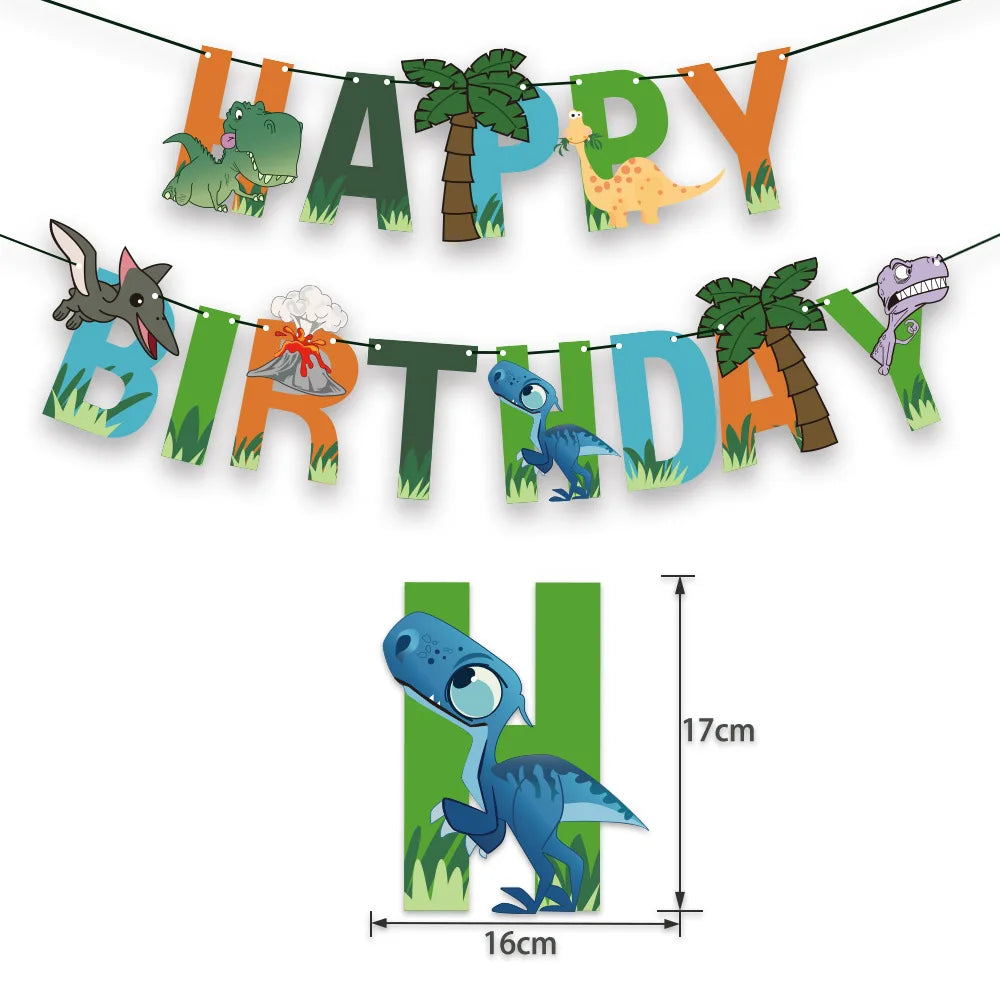 guirlande décoration anniversaire enfants dinosaures happy birthday lettres clips illustrations palmeraies volcan herbe