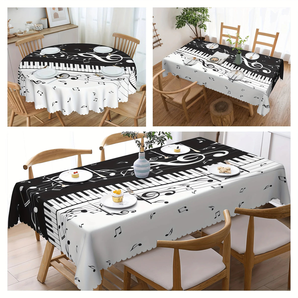 nappe table rectangulaire imperméable piano notes musicales moderne assiettes verres couverts opaques réutilisable polyester