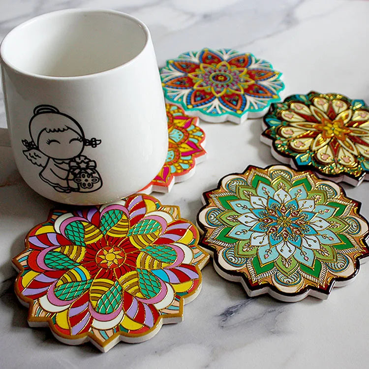 coasters céramique mandala floral antidérapants multicolores protecteurs tables résistants chaleur