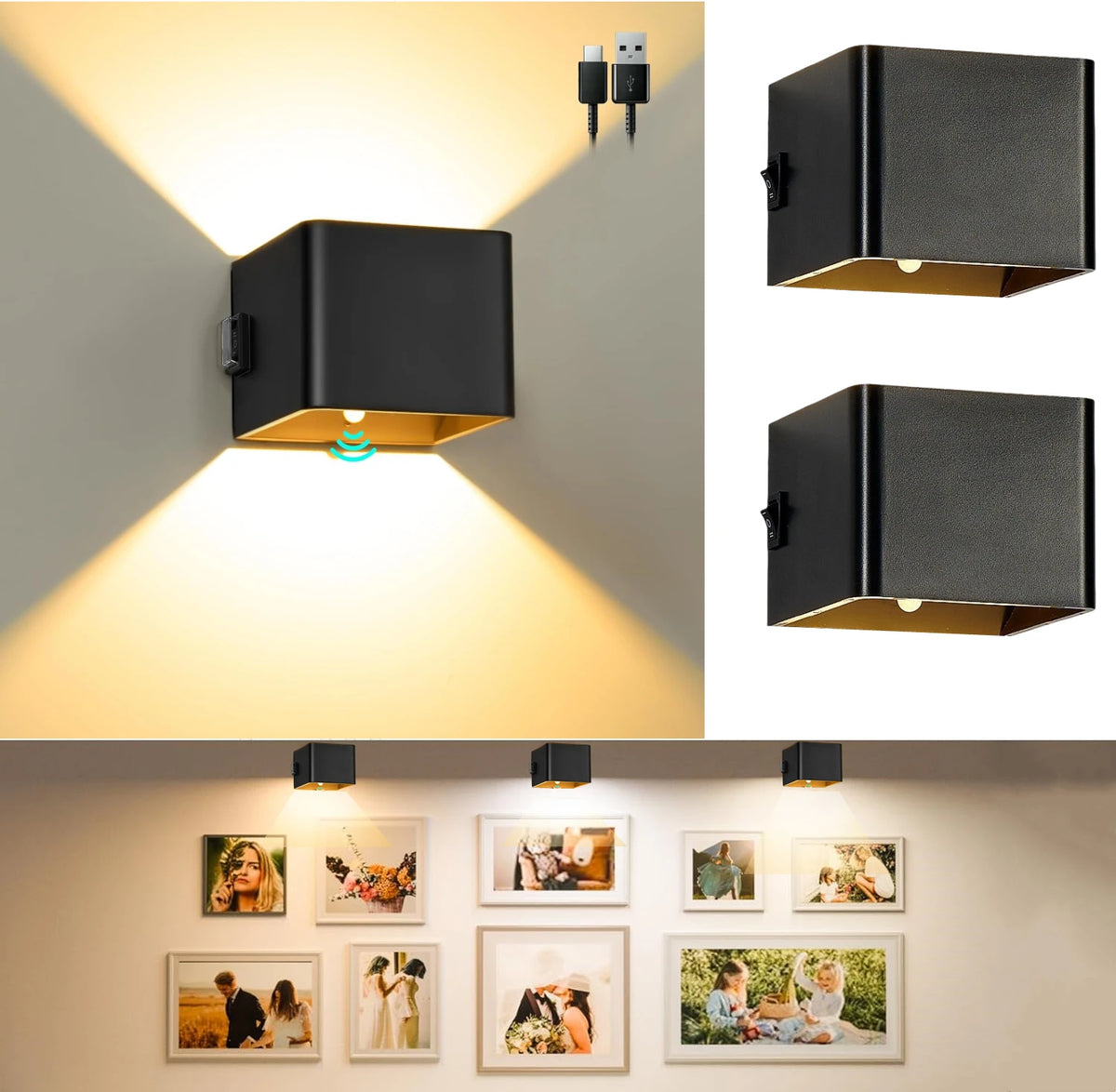 applique murale led rechargeable noir contemporaine detecteur mouvement aimant usb tactile chambre entrée