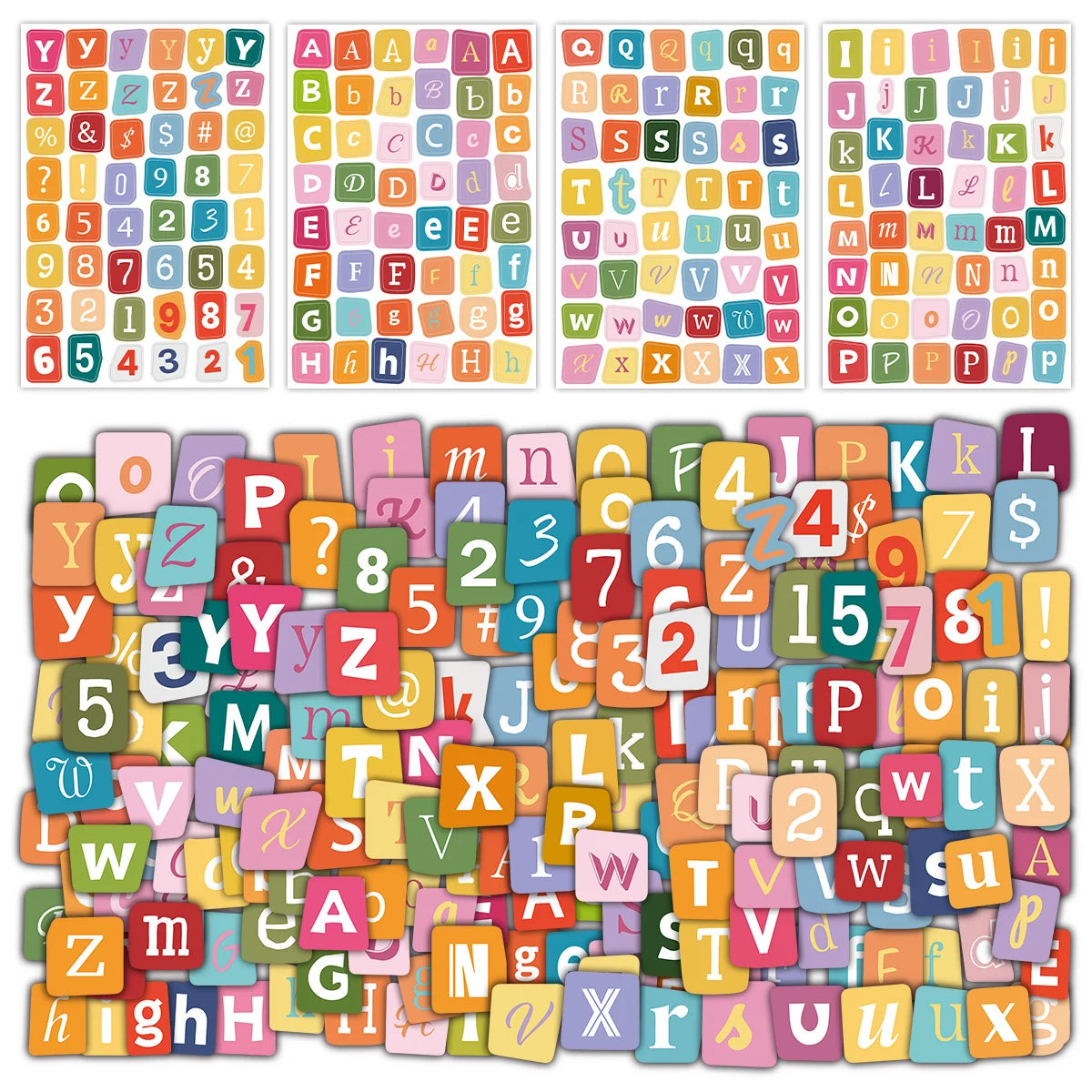 sticker autocollant multicolore lettre chiffre moderne enfantin 192 pièces opaques carreaux journalisation scrapbooking