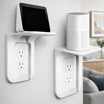 support mural blanc moderne étagère intégrée prises électriques rangement écran enceinte lampe vase téléphone