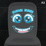 stickers toilette visage souriant yeux grands ouverts cartoon lumineux adhésifs salle bain bleu blanc