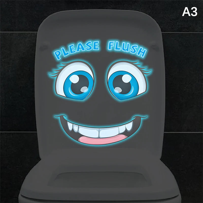 stickers toilette visage souriant yeux grands ouverts cartoon lumineux adhésifs salle bain bleu blanc