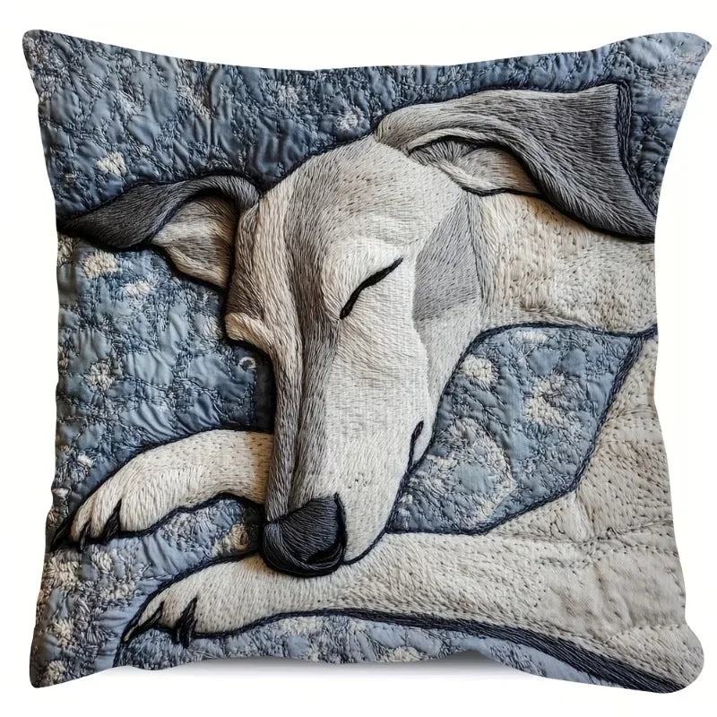 housse coussin motif chien gris beige decoration maison lit polyester peachskin imprimé respectueux environnement