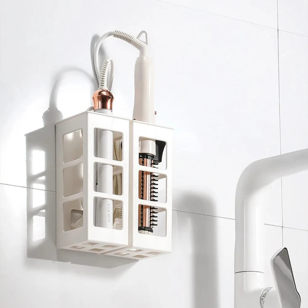 organisateur mural blanc transparent accessoires coiffure moderne salle bain adhésif multifonction