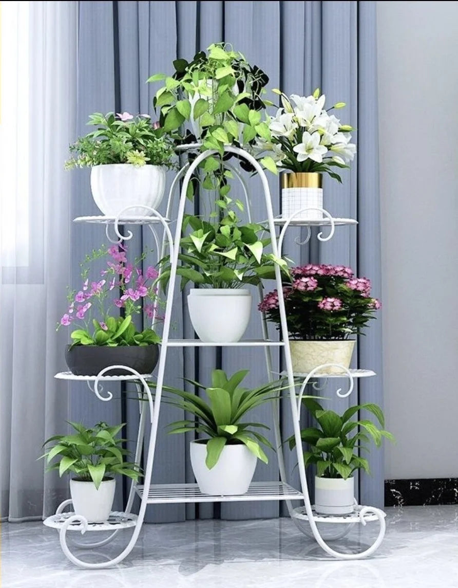 étagère plante métal structure florale courbe élégant pots blancs noirs fixations visuelles