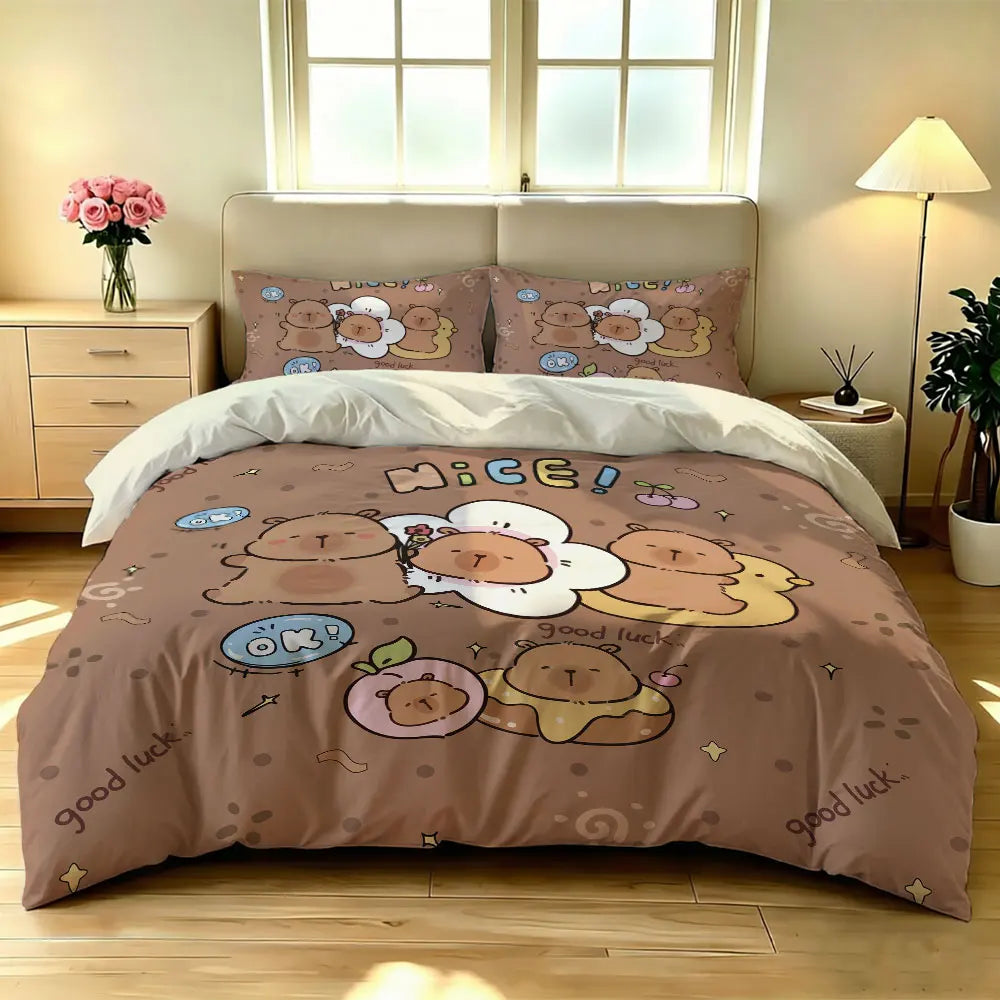 ensemble literie enfant mignon couvre lit taies oreiller motif personnages anthropomorphes kawaii
