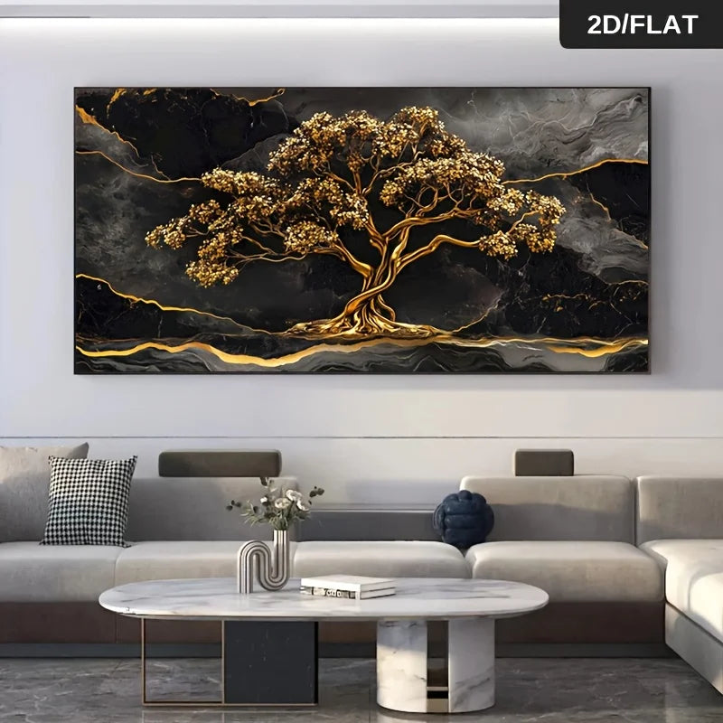 toile d'art moderne abstraite arbre doré marbré noir gris grande taille sans cadre chambre