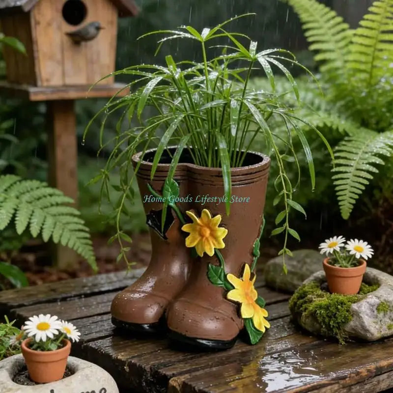 vases formes bottes pluie couleurs marron jaune vert violet rose imitation cuir fleurs rustique