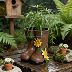 vases formes bottes pluie couleurs marron jaune vert violet rose imitation cuir fleurs rustique