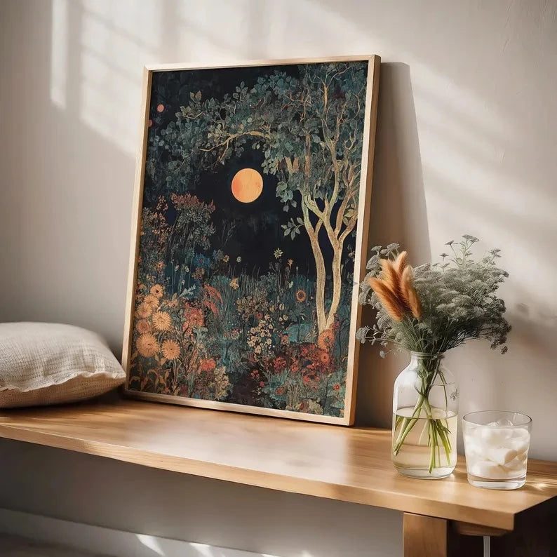 affiche murale paysage nocturne lune arbres fleurs chambre salon décoration bois opaque