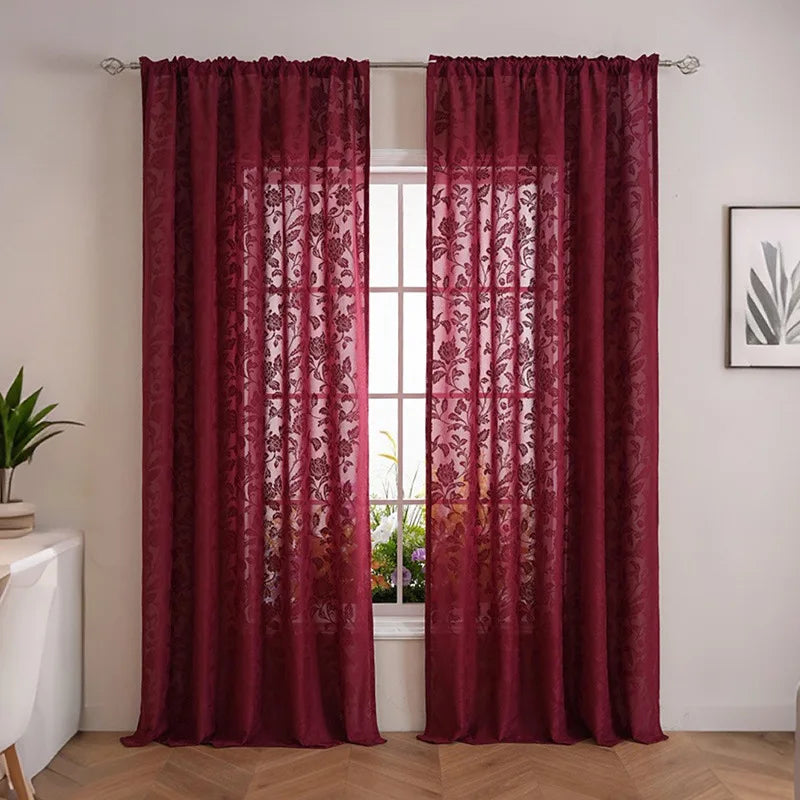 rideau floral transparent rouge bordeaux classique polyester maison bureauhôtel chambre coucher decoration