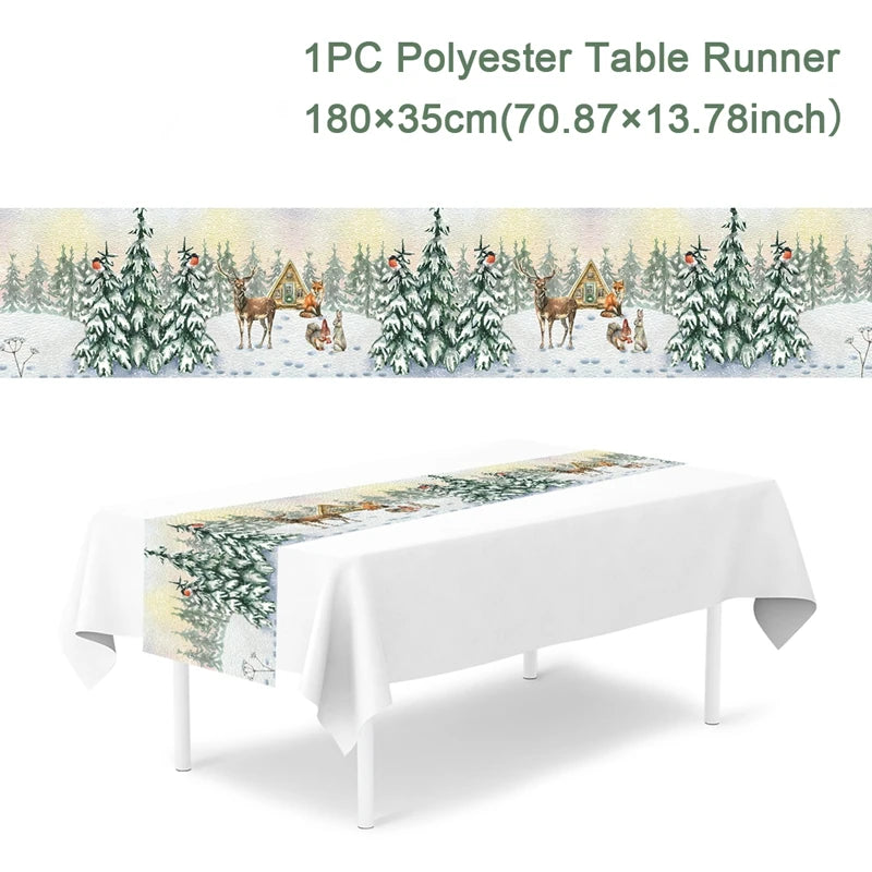tableau table noël motifs arbres flocons guirlandes rouge blanc vert or traditionnel festive decoration