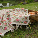 serviette plage vintage fleurs roses jaunes fond beige adaptable plage camping randonnée