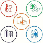 autocollants recyclage bouteilles verres fruits rouge vert orange bleu pouces simple graphique