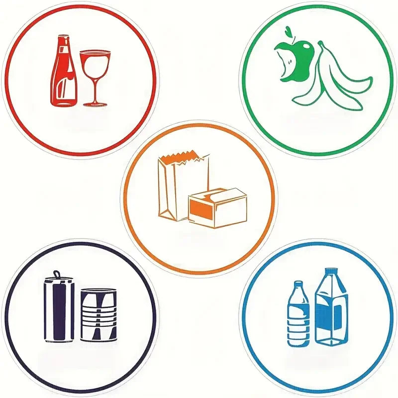 autocollants recyclage bouteilles verres fruits rouge vert orange bleu pouces simple graphique