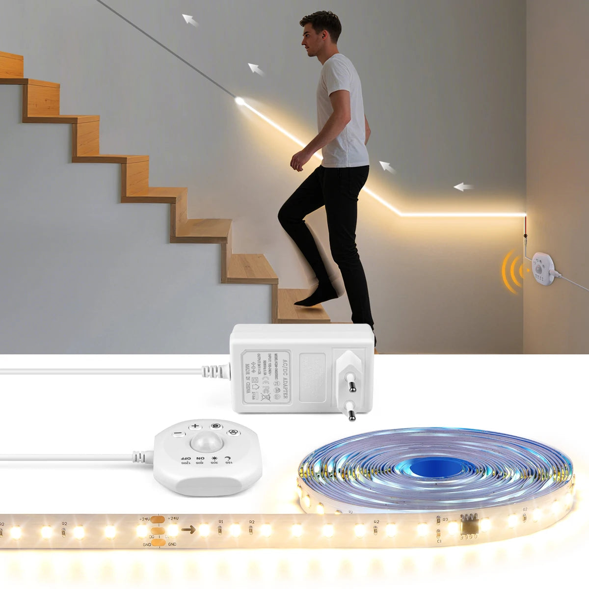 ruban led blanc jaune adhésif points lumineux réguliers moderne capteur mouvement 12v flux lumineux