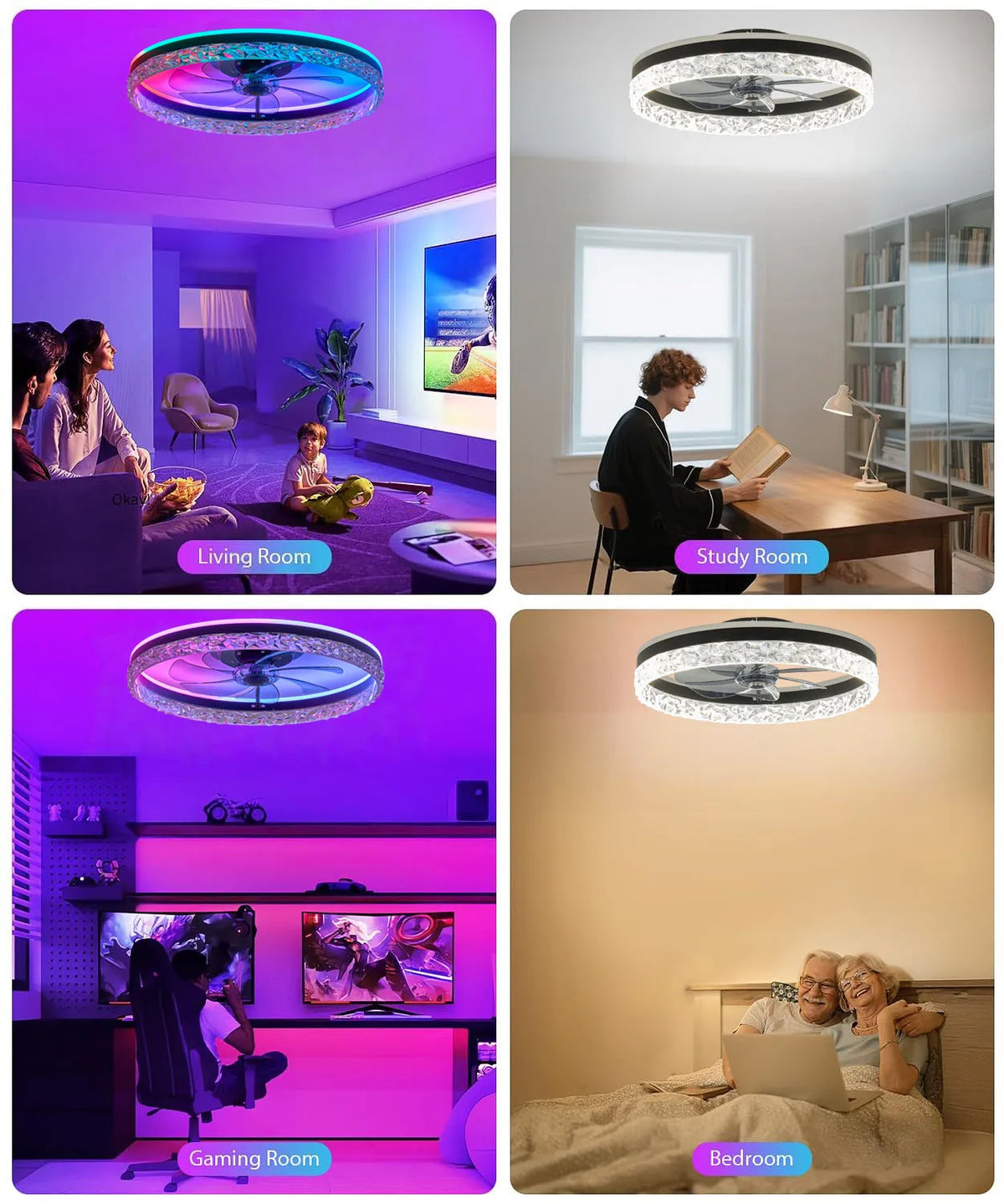 ventilateur led intelligent rvb vitesses ciel étoilé moderne cristal translucent télécommande