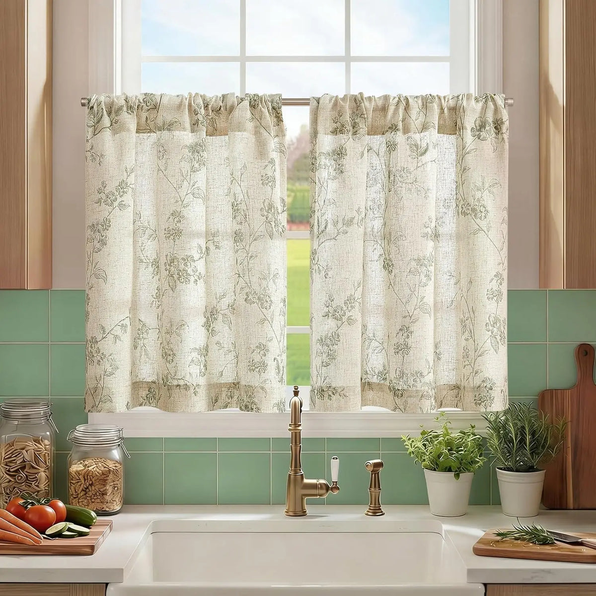 rideau imprimé floral motif botanique vintage semi transparent rustique cuisine maison