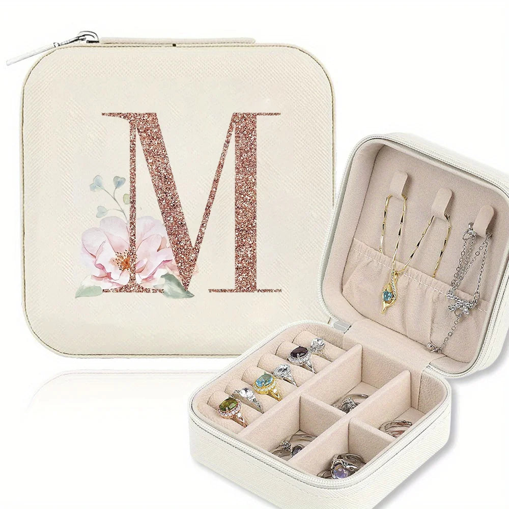 boîte bijoux portable cuir beige motif floral fermeture glissière voyage organisateur