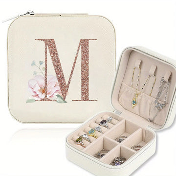 boîte bijoux portable cuir beige motif floral fermeture glissière voyage organisateur