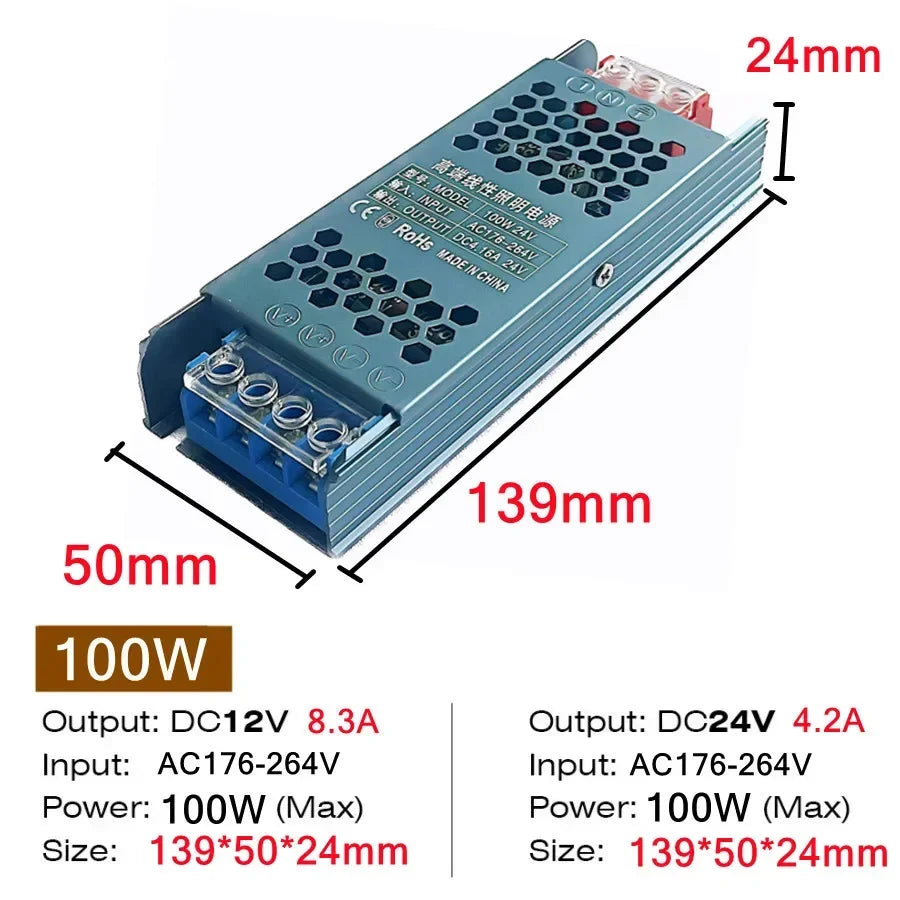 alimentation électrique 12v 24v 60w 100w 200w 300w 400w ultra fine bleue
