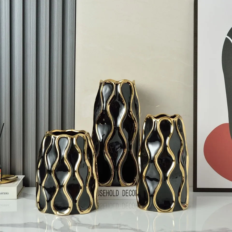 vase céramique moderne blanc or noir lignes dorées élégant décoration salon fleurs artificiellements