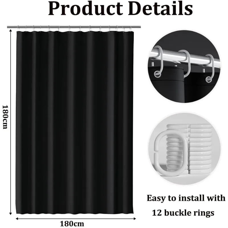 rideau douche noir moderne 180x180cm 12 crochets opaques tissu plissé respectueux environnement minimaliste