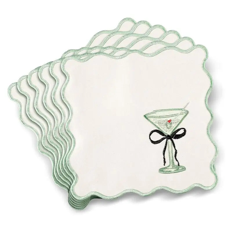 serviettes table classiques motif martini blanc vert clair bord festonné coton polyester washable cocktail