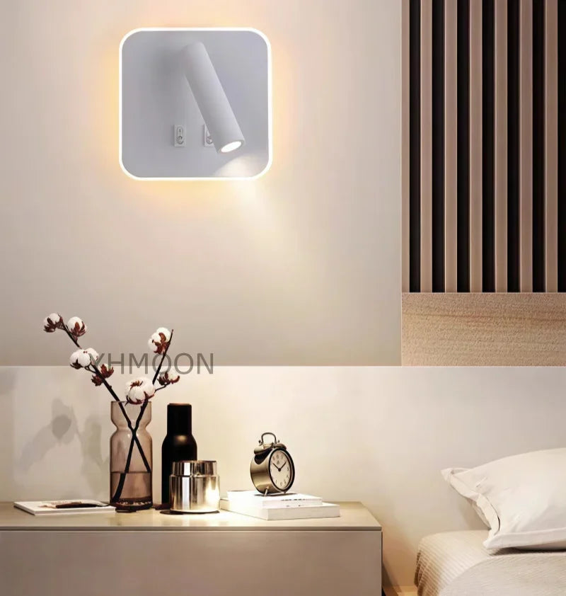lampe murale led lecture chevet moderne rotative protection oculaire blanc noir aluminium fixation adhésive