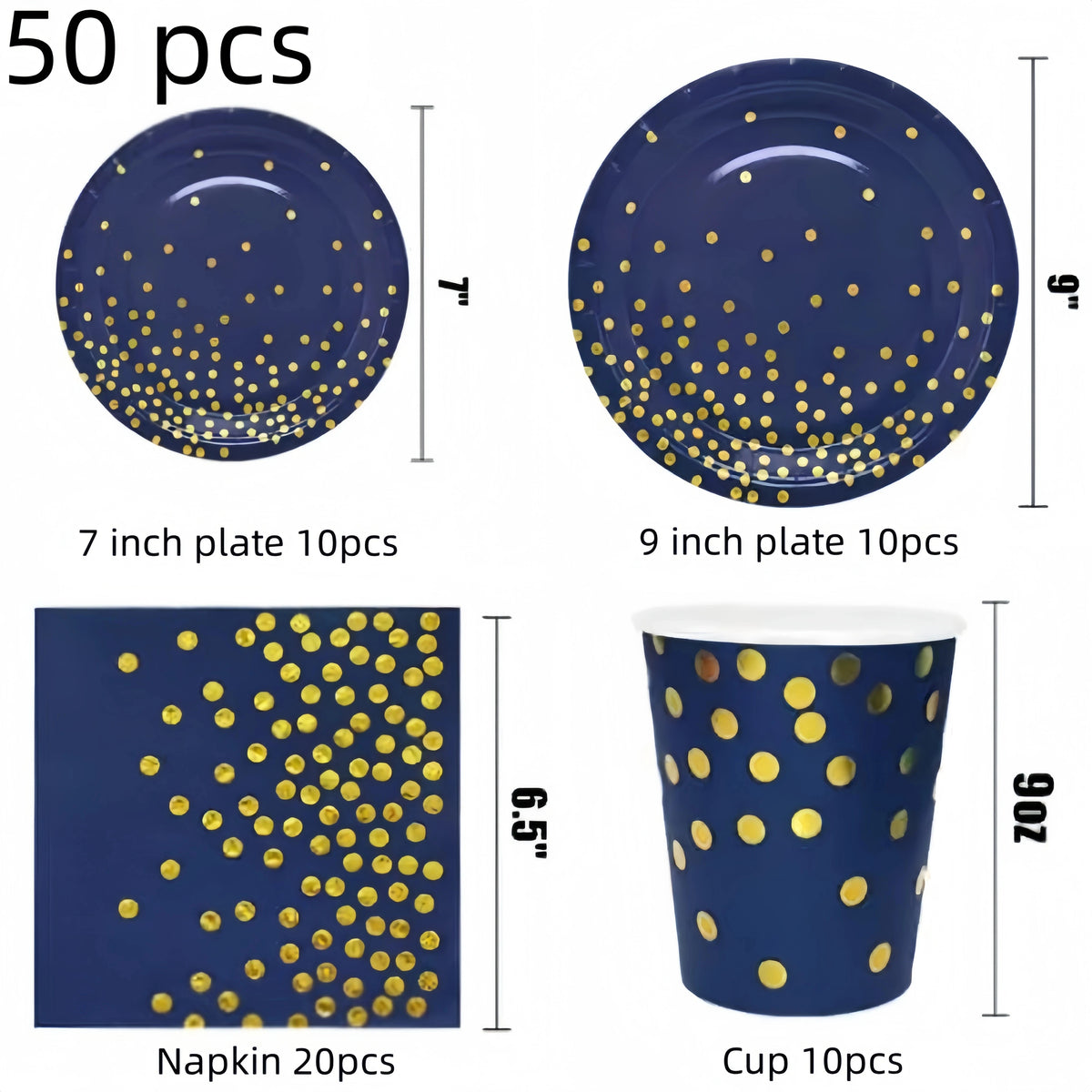 vaisselle jetable moderne assiettes bleu marine fourchette cuillère nappe dorée points festif