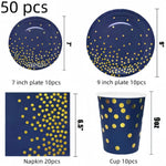 vaisselle jetable moderne assiettes bleu marine fourchette cuillère nappe dorée points festif