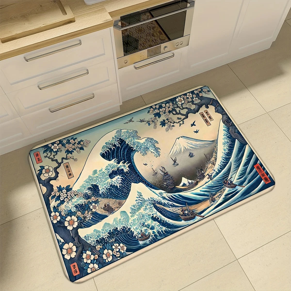 tapis ukiyo bleu beige antidérapant résistant salissure lavable intérieur salon chambre cuisine voyage