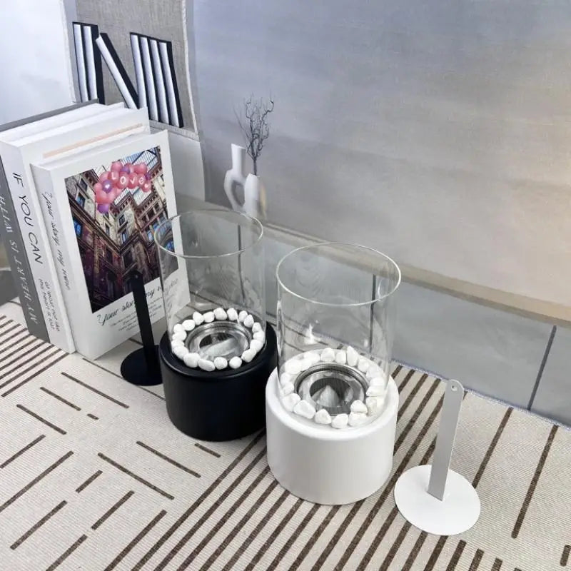 lampe bioéthanol moderne transparente noir blanche bougie pierres décoratives minimaliste