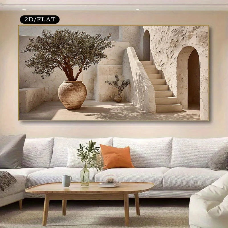 toile d'art moderne minimaliste paysage architectural arbre escalier plante verte beige sans cadre chambre