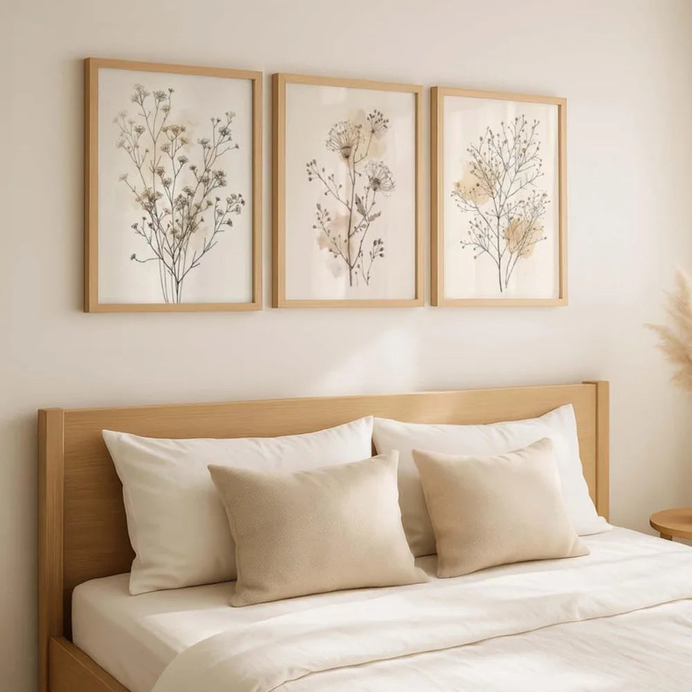 toile art mural fleurs séchées beige gris clair décoration intérieure minimaliste scandinave naturel