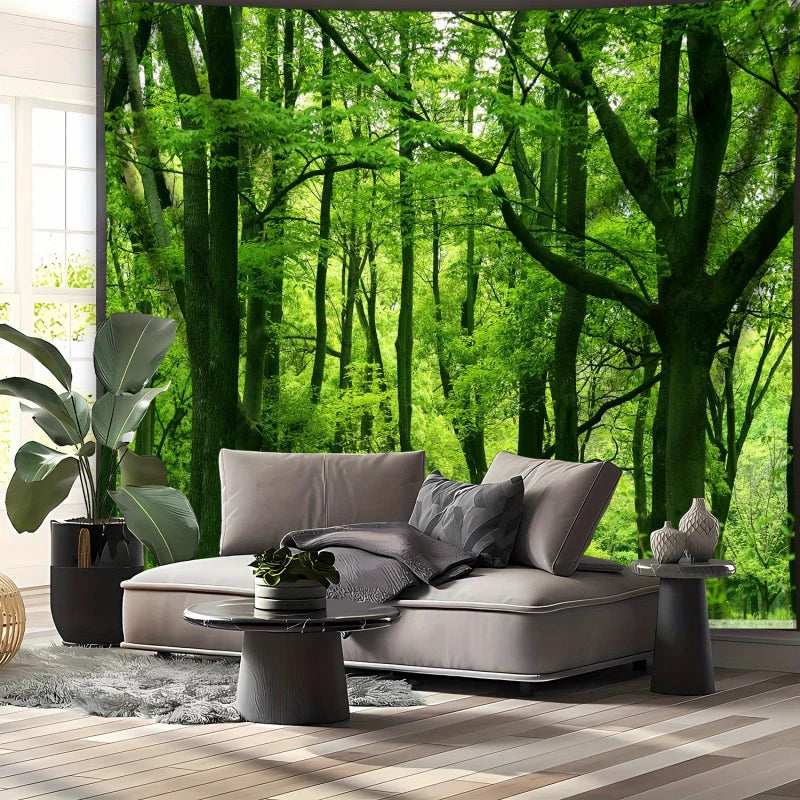 tapisserie murale forestière lavable machine motif feuillage luxuriant vert gris beige